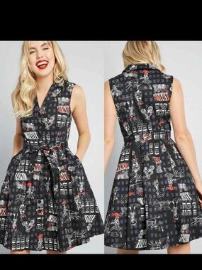 Modcloth Black Pinup Sleeveless Community Brunch Cotton Rockabilly Midi Sz L NWT